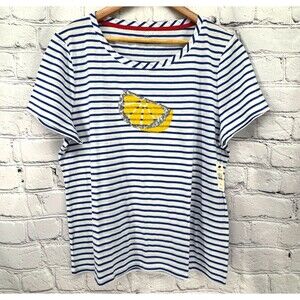 NWT Talbots Top Women's XL Blue White Stripe Lemon Sequin Appliqué SS Crew Neck